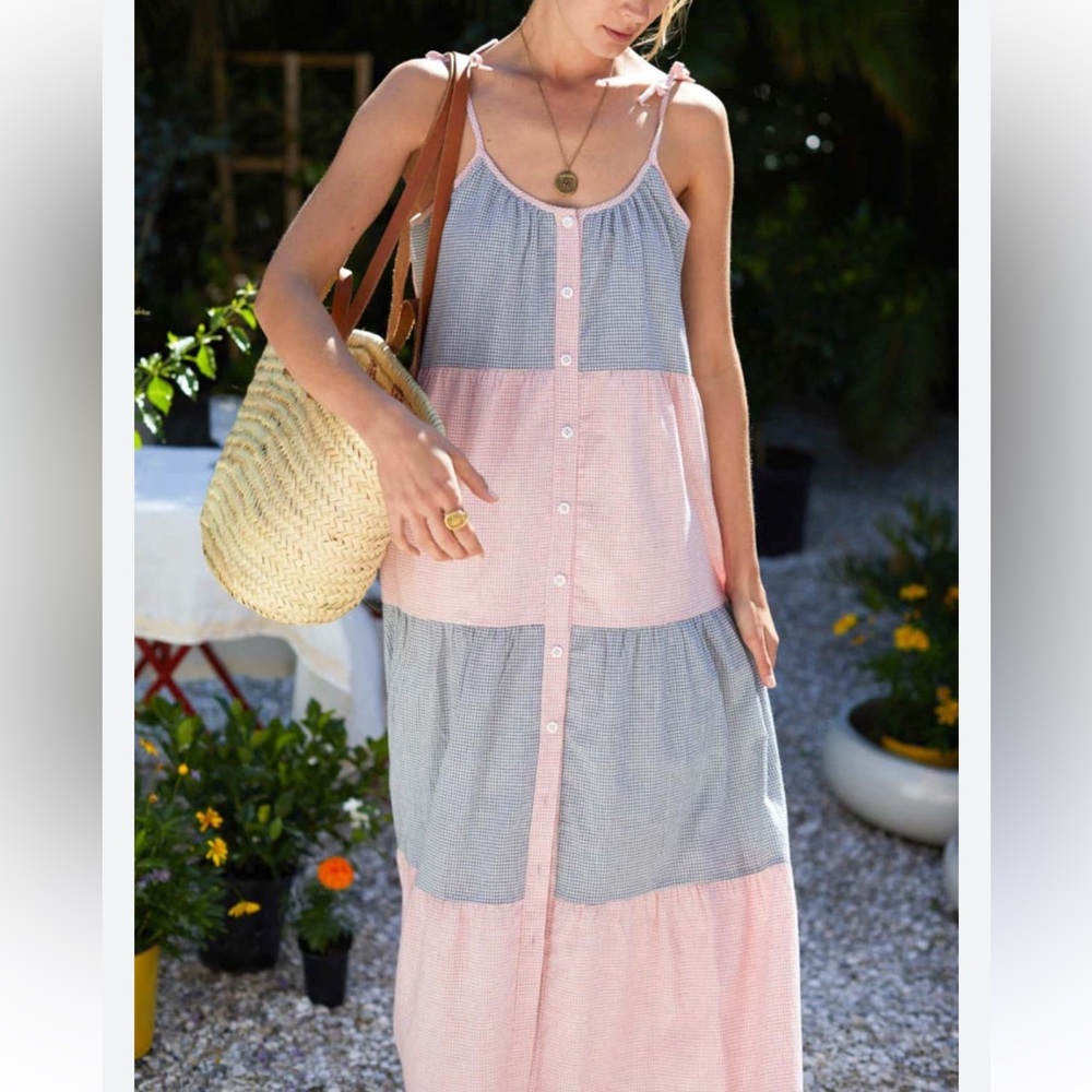 Emerson Fry Button Tier Patchwork Gingham Cottagecore Maxi Dress Small